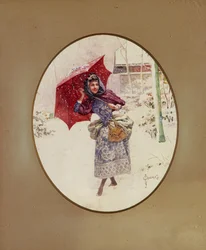 Kvinnor går genom snön, ca. 1900