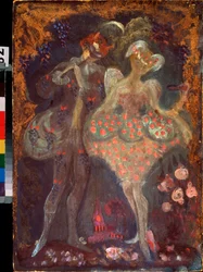 Amor och en faun. Verk av Sergei Yurievich Sudeykin (Serge Soudeikine) (1882-1946), tempera på kartong. Rysk konst, tidigt 1900-tal. Statens konstmuseum i Tatarstan, Kazan (Ryssland).