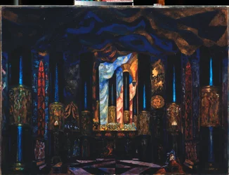 Förberedande dekor för teaterpjäsen ""På andra sidan av livet"" av Jacinto Benavente (1866-1954) (Scenografi för teaterpjäsen Andra sidan av livet av J Benavente) - Verk av Sergei Yurievich Sudeykin (Serge Soudeikine) ( 1882-1946), tempera s