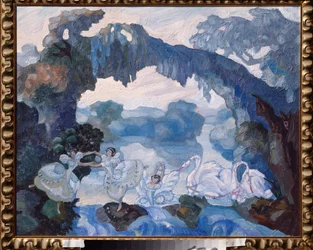 Förberedande dekor för baletten ""Le Lac des Cygnes"" av Piotr Tchaikovsky (1840-1893) (Scenografi för baletten Svansjön av Tchaikovsky) - Verk av Sergei Sudeykin (Serge Soudeikine) (1882-1946), olja på kartong