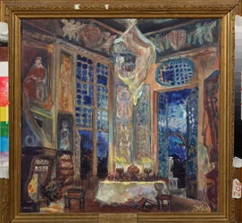 Förberedande dekor för den komiska operan ""La fille de madame Angot"" av Charles Lecocq (1832-1918) (Scenografi för operetten La Fille de Madame Angot av Ch Lecocq) - Verk av Sergei Yurievich Sudeykin (Serge Soudeikine) (1882) -1946), gouache och humör