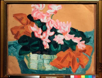 Fleurs, Nature morte (Blommor, Stilleben) - Verk av Sergei Yurievich Sudeykin (Serge Soudeikine) (1882-1946), olja på kartong - Rysk konst, modernism, art nouveau, 1900-talet - State United Art Museum, Kostroma (Ryssland)