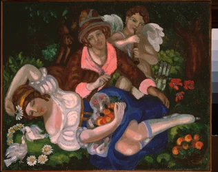 Allegorisk scen. (Ett par älskare, omgivna av ett par duvor och Amor som spelar musik). Målning av Sergei Yurievich Sudeykin (Serge Soudeikine) (1882-1946), olja på duk, cirka 1910. Rysk konst, 1900-talet, jugend, modernism.