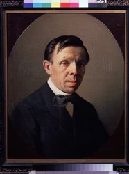 Porträtt av konstnären Sergey (Sergei, Serguei) Konstantinovich Zaryanko (Zarianko) (1818-1870) (Porträtt av konstnären Sergey K. Zaryanko) Målning av Alexei Mikhailovich Kolesov (1834-1902), olja på duk. Rysk konst, porträtt 1800-talet. Staten Tretjakov