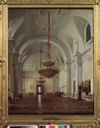 Vy över vinterpalatsets vita hall i Sankt Petersburg. Målning av Sergey (Sergei, Sergei) Konstantinovich Zaryanko (Zarianko) (1818-1870), olja på duk. rysk konst