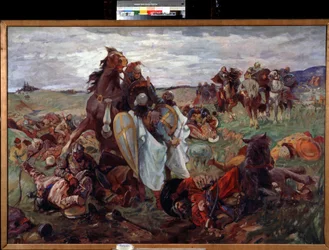 Battle between Russians and Tatars (Tartars) (Kampen mellan ryssar och tatarer). Målning av Sergei Nikolayevich Arkhipov (1881-efter 1936). Olja på duk