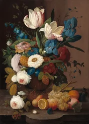 Stilleben, blommor och frukt