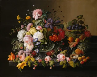 Stilleben: blommor och frukt