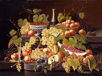 Stilleben med frukt och champagne,