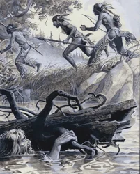 John Colter gömd bakom lite drivved (gouache på papper)