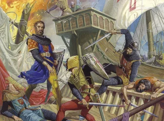 Marco Polo tillfångatagen av genuanerna, 1900-talet (gouache på papper)