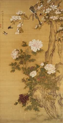 Pioner, fåglar och magnoliaträd, hängande skriftrulle, Qingdynastin (färg på siden)