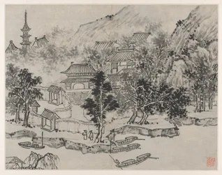 Tolv vyer över Tiger Hill, Suzhou: Fjärrvy över Tiger Hill från kanalens förtöjningsplats, efter 1490