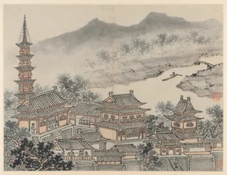 Tolv vyer över Tiger Hill, Suzhou: The Thousand Buddha Hall and the Pagoda, efter 1490.
