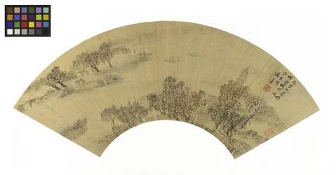 Landskap med pagod, hus och båtar, 1625 bläck och färger på guldpapper
