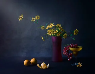 Stämningsfulla blommor och frukt