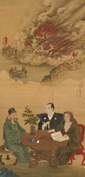 Hängrulle som skildrar ett möte mellan Japan, Kina och västvärlden