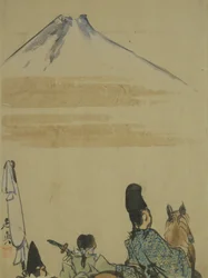 Resenärer nära Mount Fujiyama, ca 1872 (bläck och wc på papper)