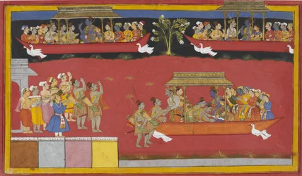 Bharata och Shatrughna anländer till Nandigrama, hälsar på Rama, och Pushpaka-vagnen avgår