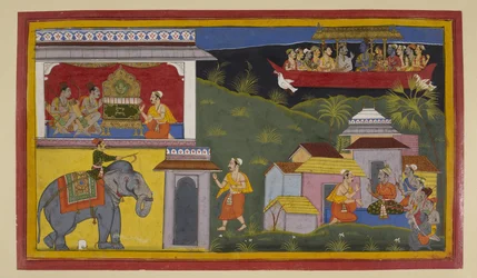 Hanumān informerar Guha, Bharata och Śatrughna om Rāmas återkomst från exilen