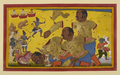 Kumbhakarṇa dödas av Rāma; allierade gläder sig medan Vibhīṣaṇa sörjer