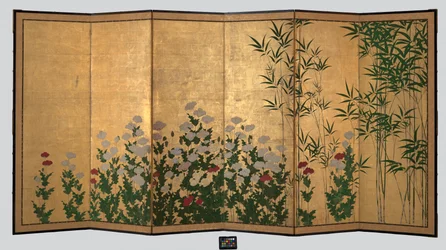 Bambu och vallmo, tidigt 1600-tal (Par skärmar med sex paneler; bläck, färg och guld
på papper)