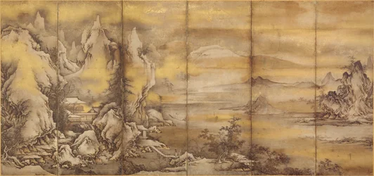 Japanska: 『式部輝忠筆 四季山水図屏風 室町時代 』 Landskap av de fyra årstiderna, ett av ett par (Asian Art Museum B60D49+)
