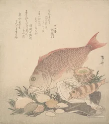Stora och små fiskar som simmar bland snäckor och mossa vid havets botten, ca. 1830., ca. 1830.