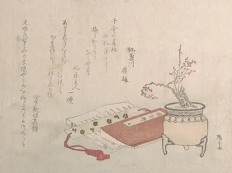 Potted plum Tree in Blossom and Books, 1800-talet., 1800-talet.