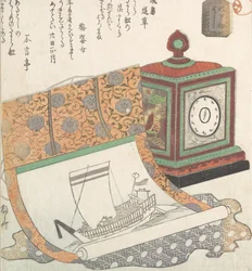 Bordsklocka och kakemono av en skattbåt, 1800-talet., 1800-talet.