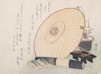 Paraplyer och Geta japanska träsandaler, troligen 1816., troligen 1816.