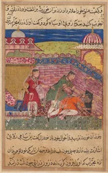 Sida från Tales of a Papegoja Tuti-nama: Åttonde natten: Den bedrägliga hustrun skjuter ut..., 1558-1560.