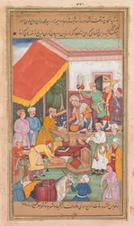 Timur delar ut gåvor från sitt barnbarn, prinsen av Multan, från en Zafar-nama (Segerboken)