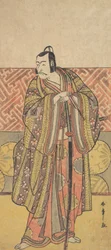 Ichikawa Danjuro V som Kudo Suketsune, Richly Attired, Leaning on His Sword, sent 1700-tal.