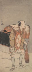 Otani Tomoemon som en köpman som traskar genom snön, ca. 1778.