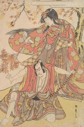 Segawa Kikunojo III som en kvinna som står under ett lönnträd på hösten, ca. 1778., ca. 1778.