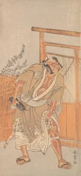 Skådespelaren 2:a Nakamura Sukegoro som en man som bär en brevlåda i svart lack, ca. 1774.