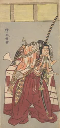 Skådespelaren Ichikawa Danjuro V, klädd i voluminösa ceremoniella byxor Nagabakama,..., 1726-1