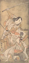 Skådespelaren Nakamura Nakazo, slåss mot skådespelaren Ichikawa Raizo II ...,