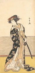 Skådespelaren Nakamura Riko, som en kurtisan med ett svärd, ca. 1780.