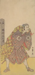 Den femte Ichikawa Danjuro som en Kagobärare som står nära en milstolpe, ca. 1783-84.