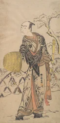 Den första Nakamura Nakazo som en Komuso som står i snön vid ett staket, ca. 1775.