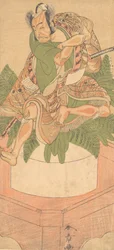 Den fjärde Ichikawa Danjuro som en Yakko tjänare sittande på en stor kaka av Mochi..., 1772.