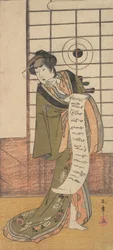 Den andra Yamashito Kinsaku som kurtisan som står i ett rum, ca. 1779.