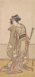Den tredje Segawa Kikunojo som en kvinna som går åt höger, 1774 eller 1775.