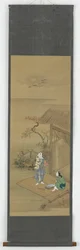 Två bondflickor slår tyg utanför ett hus, Edo-period, 1700-tal.