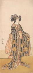 Yoshizawa Iroha som en kvinna Tomoe Gozen som står på stranden, 1774 eller 1775.