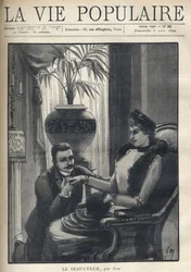 En man på knä håller i handen på en elegant kvinna som sitter i ett borgerligt vardagsrum, iklädd sin kappa, en ärm och en pälshalsduk. Illustration för Le Seducteur par Gyp (Sibylle Gabrielle Marie Antoinette Riquetti de Mirabeau, grevinna av Martel d