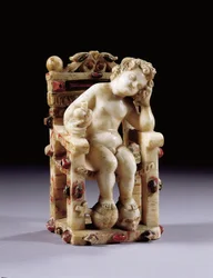 Figur av det späda Kristusbarnet sittande på en tron, tidigt 1600-tal (paketförgylld polykrom snidad alabaster)