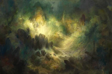 Har du, ande, uppträtt för att visa den storm som jag bjöd dig? Prospero [till Ariel], The Tempest (olja på plywoodpanel)